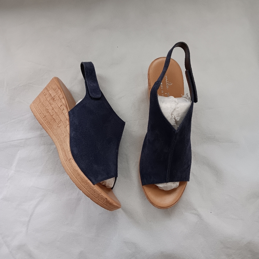 Mila Paoli Womens 8 Blue Sandals Suede Shoes Cork Wedge Leather